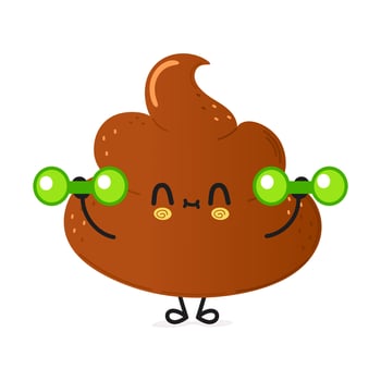Cute funny poop character with dumbbells. Vector hand drawn cartoon kawaii character illustration icon. Isolated on white background. Turd character gym concept