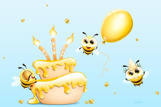 Bee cartoon funny characters birthday with cake, balloon, cap and confetti. Birthday card vector