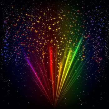 Rainbow light rays background, vector abstract colorful burst.