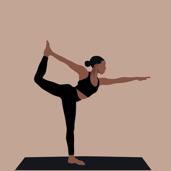 Yoga girl. African american woman doing yoga poses. Black woman natarajasana yoga pose. Healthy lifestyle. Fashion illustration by femininity, beauty and mental health. Pilates, fitness.  Vector. vector