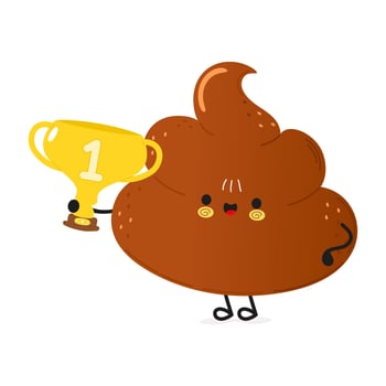 Cute funny poop hold gold trophy cup. Vector hand drawn cartoon kawaii character illustration icon. Isolated on white background. Turd with winner trophy cup