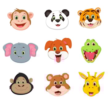 cute head animal cartoon set. lion. elephant. panda. monkey. tiger. aligator. giraffe. dog. vector illustration
