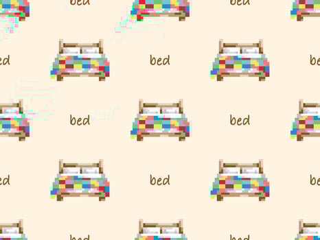 Bed cartoon character seamless pattern on yellow background. Pixel style vector