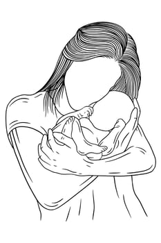 Happy family mother and baby born cute baby girl and child parent women power mama baby birth line art hand drawn style vector