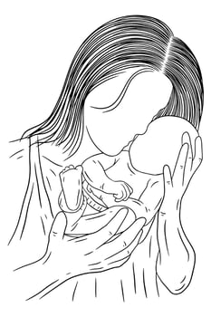 Happy family mother and baby born cute baby girl and child parent women power mama baby birth line art hand drawn style vector