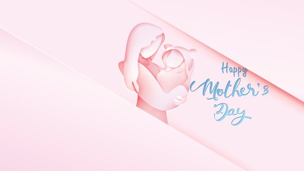 Happy mother's day greeting card. Paper cut style beautiful mom smiling and holding healthy baby with full of happiness in pink background. Vector illustration. Copy space for text banner. - Vector