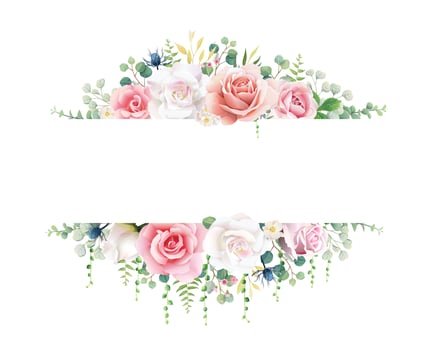 Pink and white rose with greenery banner on white background. Beautiful template for wedding invitation or greeting card, banner. All elements are isolated and editable. Vector. vector