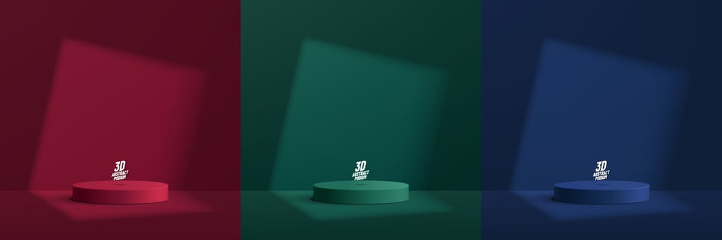 Set of green, yellow, red room background with realistic 3d cylinder pedestal podium and window lighting. Abstract minimal scene for mockup products display, Stage showcase. Vector geometric forms.