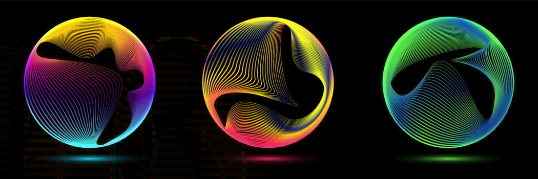 Set of glowing neon color circles round curve shape with wavy dynamic lines isolated on black background vector