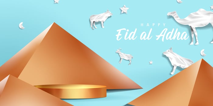 Eid al adha islamic decoration display podium background with goat, camel , cow , moon and star . Product showcase for ramadan kareem, mawlid, eid al fitr, muharram vector