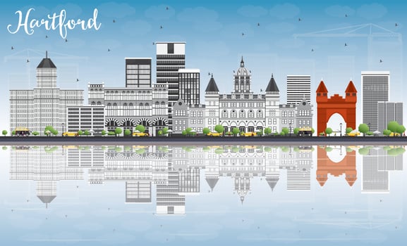 Hartford Skyline with Gray Buildings, Blue Sky and Reflections. vector