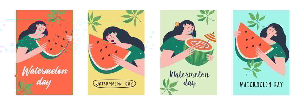 Watermelon Day. Festive fun vector banner. A set of bright colorful posters with watermelons.