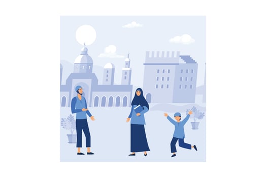 Happy Eid al-fitr illustration. Muslim people celebrating Eid al-fitr. Vector in a flat style