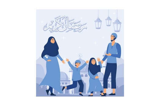 Happy Eid al-fitr illustration. Muslim people celebrating Eid al-fitr. Vector in a flat style