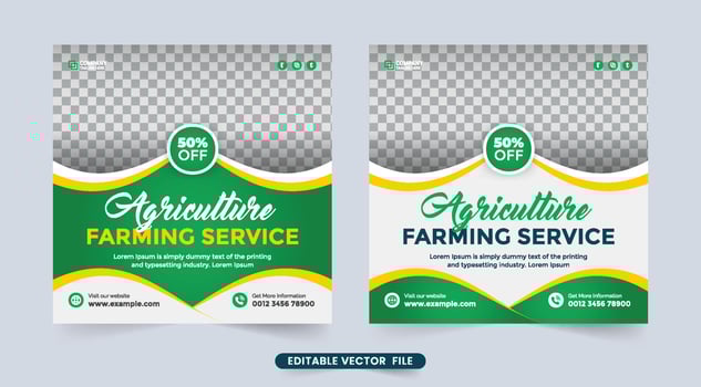 Agriculture farming service social media ad banner template. Farm management and cleaning service flyer vector. Agro farm and lawn mowing business advertisement social media post design. vector
