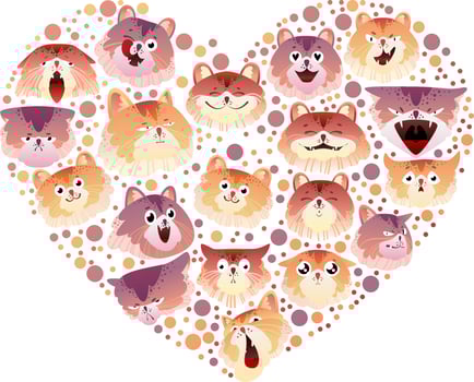 Collection of heart-shaped cats. Vector illustration.