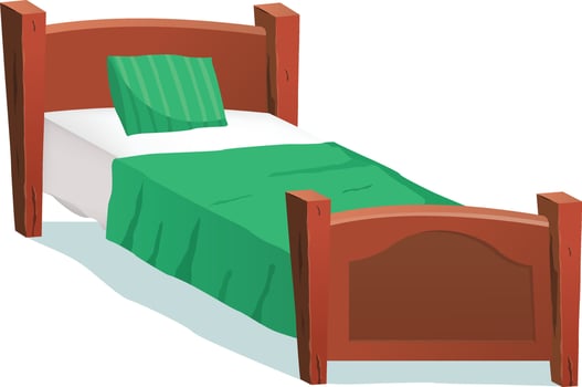 Cartoon Wood Bed With Green Blanket Illustration of a cartoon wooden children bed for boys and girls with pillows and green blanket. vector