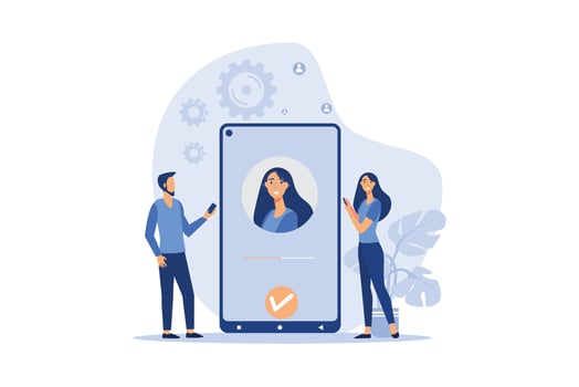 Face recognition and data safety. Mobile phone users getting access to data after biometrical checking. For verification, personal ID access, identification concept vector