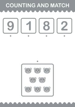 Counting and match Koala face. Worksheet for kids vector