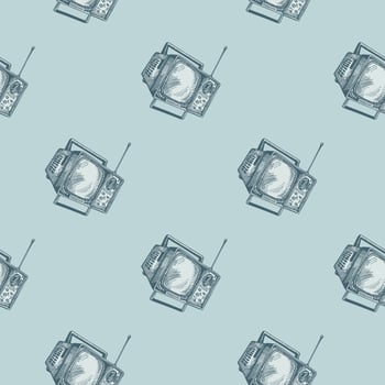 Retro TV engraved seamless pattern. Vintage television with antenna in hand drawn style. Sketch old device. vector