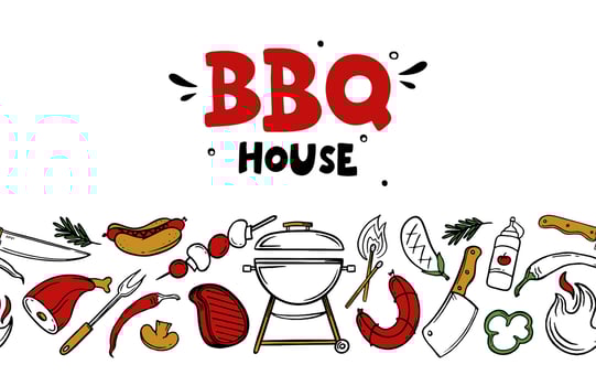 Banner cover for a menu with grill and barbecue elements for a restaurant bar cafe on a white background Vector illustration of doodles
