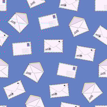 Mail envelopes, postcards and mails seamless pattern on blue background. Mail background, message, open envelope with letter, email vector illustrations. Background texture design for web, print