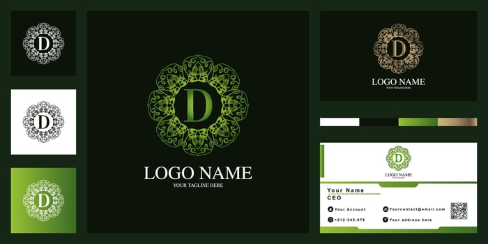 Letter D luxury ornament flower frame logo template design with business card. vector