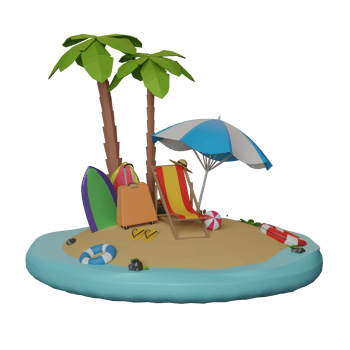 summer vacation beach theme 3d illustration with beach chairs and ball on tropical sandy island png