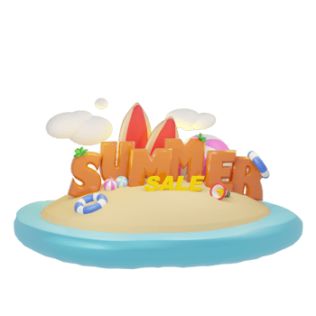 summer vacation beach theme 3d illustration with summer sale text, small island and many other icons png