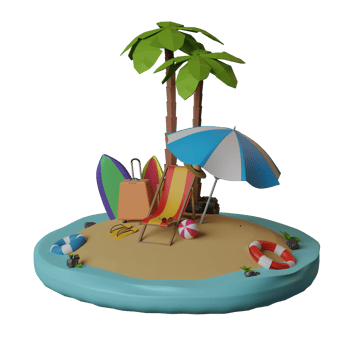 summer vacation beach theme 3d illustration with beach chairs and ball on tropical sandy island png