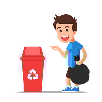 Boy holds the trash and points to the recycling bin vector