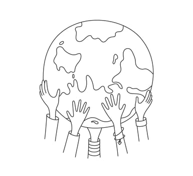 Children hands holding globe. Happy Earth Day. World Children day hand drawn card. Doodle multicultural kids hands holding Earth. Peace concept. Vector illustration isolated on white background