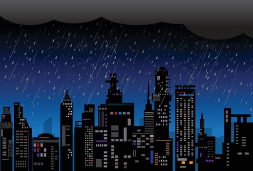 rain in the city, Heavy rain in dark sky, rainy season, clouds and storm, vector illustration.