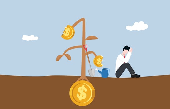 Lose money from business failure, mistake speculation in stock market, cryptocurrecy or other assets concept. Sad businessman sitting on ground for his dead and dying money plant. vector