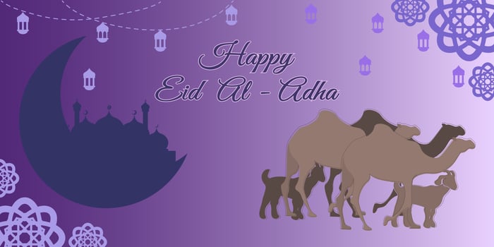 Happy Eid al Adha banner with silhoutte of mosque, camels, and goats. Can be used for poster, background, and wallpaper. vector