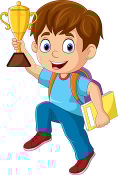 Cartoon little boy holding gold trophy vector
