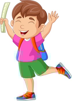 Cartoon happy boy with backpack and ruler vector