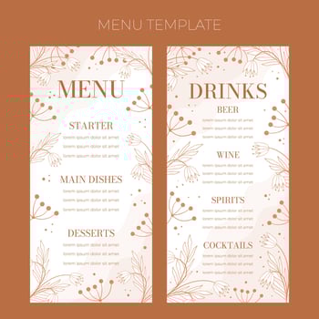 Floral wedding Menu template in doodle style, invitation card design beige and white flowers, leaves and berries. Decorative frame pattern and wreath. Vector elegant decoration on white background.