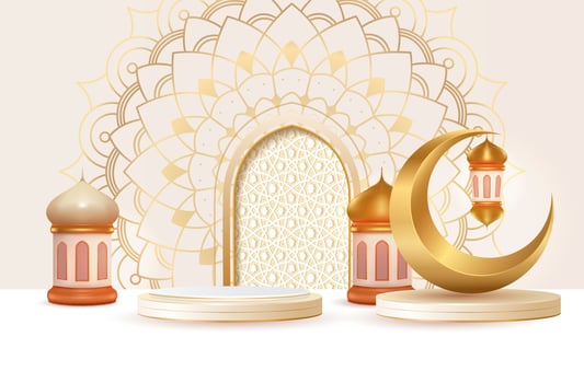 3d white modern Islamic holiday banner template. Composition of a gold lantern and crescent moon vector
