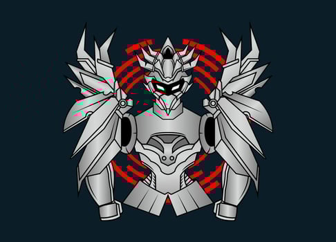 Modern vector illustration of Robotic Mecha Soldier Half Body armor. Titanium metal colour. Trend design. Vector Eps 10. For game card, symbol of mascot.
