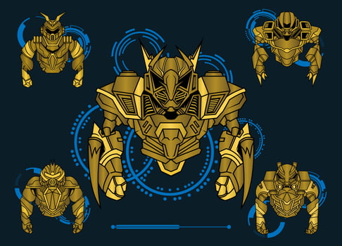 Modern vector illustration of Robotic Mecha Soldier Half Body armor. Golden metal colour. Trend design. Vector Eps 10. For game card, symbol of mascot.