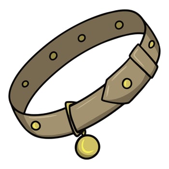 Brown leather dog collar with gold tag, vector illustration in cartoon style on white background