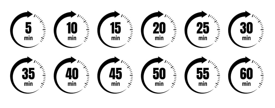 Timer icon collection. Set of timer Stopwatch icons. Countdown from 0 to 60 seconds. vector
