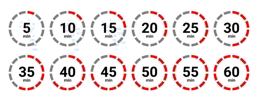 Timer icon collection. Set of timer Stopwatch icons. Countdown from 0 to 60 seconds. vector