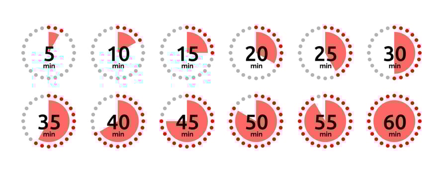 Timer icon collection. Set of timer Stopwatch icons. Countdown from 0 to 60 seconds. vector