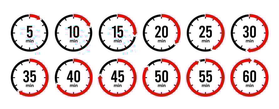 Timer icon collection. Set of timer Stopwatch icons. Countdown from 0 to 60 seconds. vector