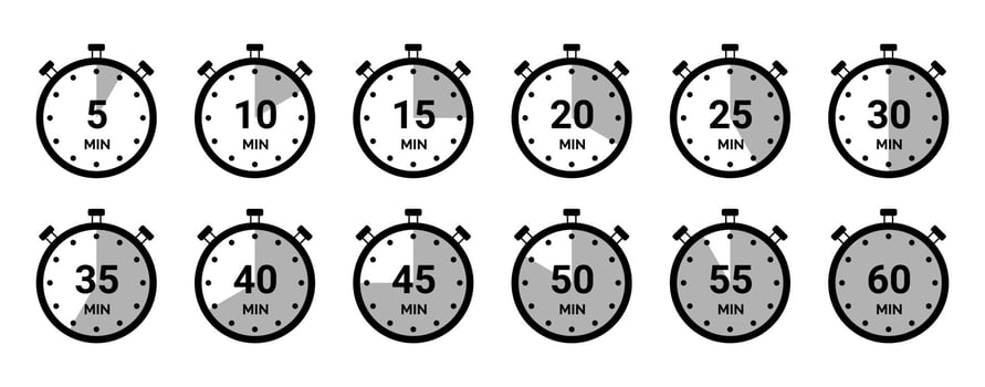 Timer icon collection. Set of timer Stopwatch icons. Countdown from 0 to 60 seconds. vector