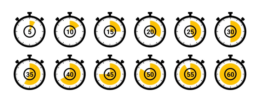 Timer icon collection. Set of timer Stopwatch icons. Countdown from 0 to 60 seconds. vector