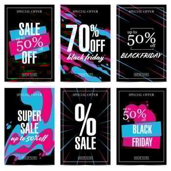 Sale and discount banners and posters for Black Friday, big sale and shopping season. Vector illustration indicating rebate percentage, special offer price in black-white, pink and blue colours.