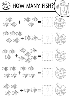 How many fish black and white game with cute fishes in the bag with water. Summer math addition outline activity. Printable counting worksheet or coloring page for kids with boy and rod vector